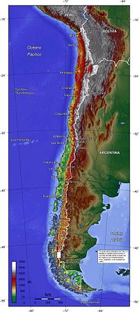 Mapa topogr&aacute;fico de Chile. Para ver mapas basados en SRTM con el relieve topogr&aacute;fico del pa&iacute;s, v&eacute;ase aqu&iacute;.